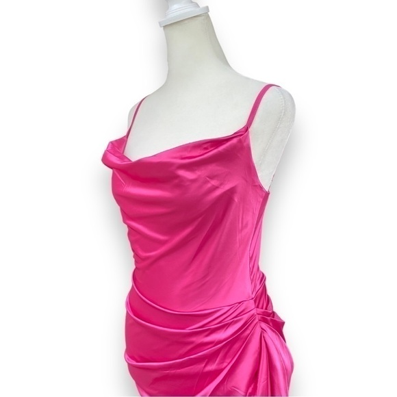New HTZMO Fuchsia Ruched Cowl Neck Satin Midi Dress Size Extra Small - Picture 6 of 16